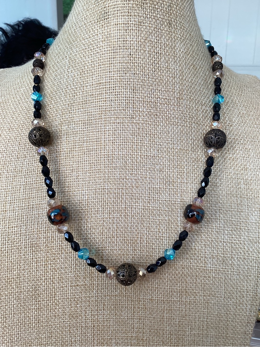 Artisan Made Transfer Ware and Glass Beaded Necklace